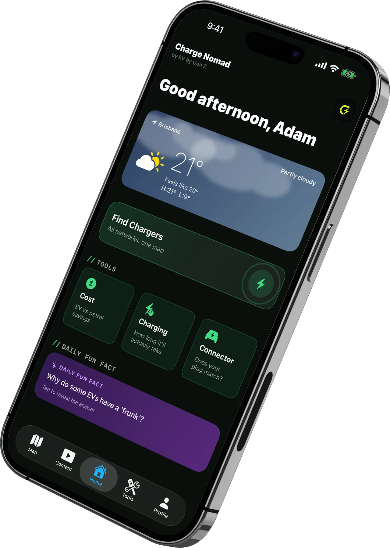Charge Nomad home screen on an iPhone, showing local weather, Find Chargers and the tools shortcuts