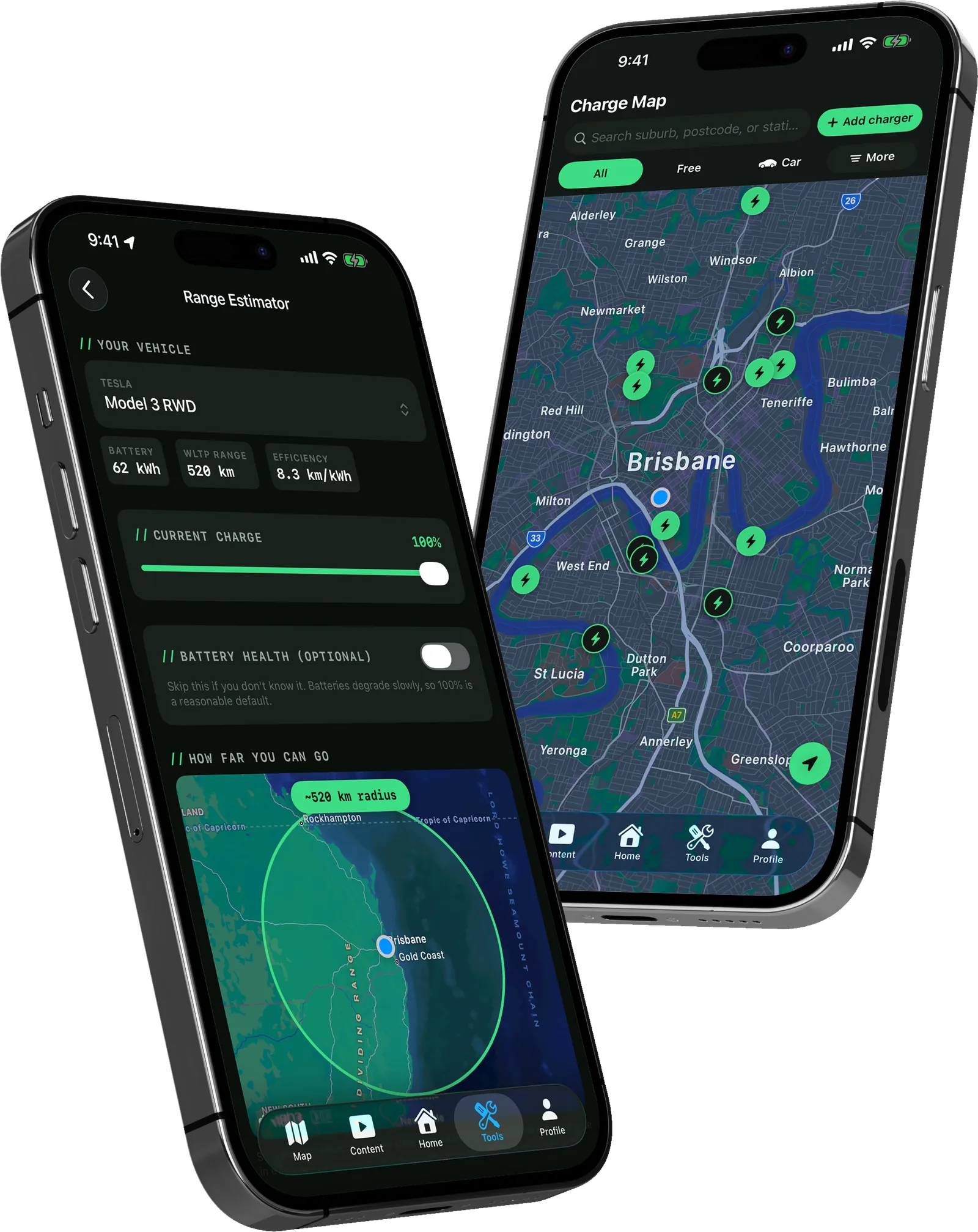 Two iPhones showing the Charge Nomad charge map around Brisbane and the Range Estimator tool
