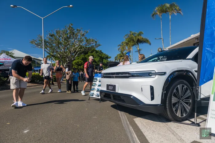Adam filming the Deepal E07, the EV that looks like a Cybertruck, at the 2026 Noosa EV Expo